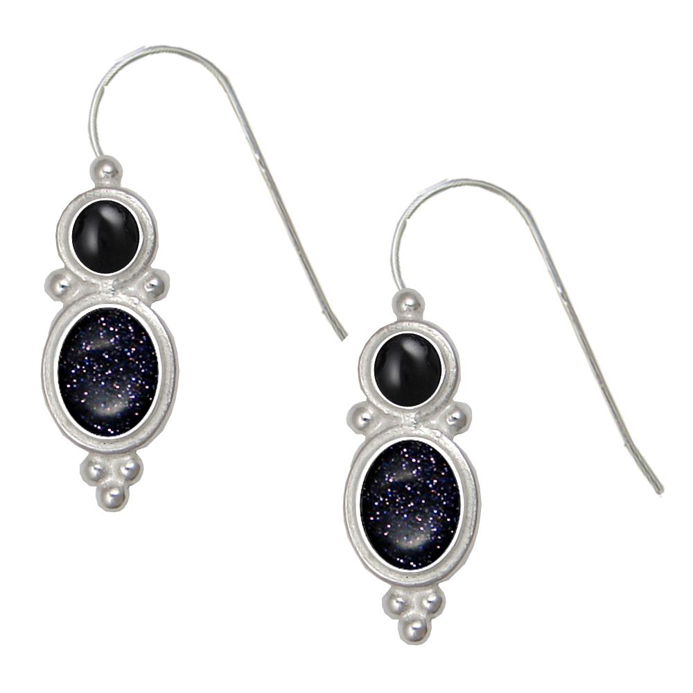 Sterling Silver Drop Dangle Earrings With Blue Goldstone And Black Onyx